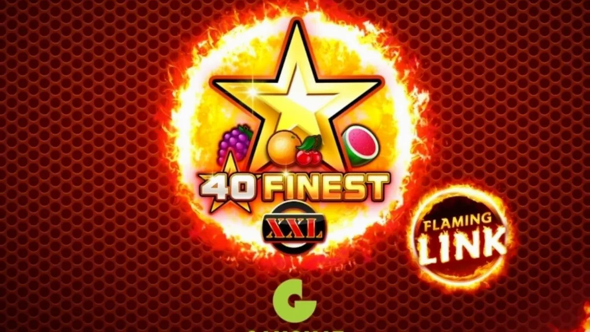 Tampilan visual slot 40 Finest XXL Flaming Link dengan elemen api dan simbol buah neon.
