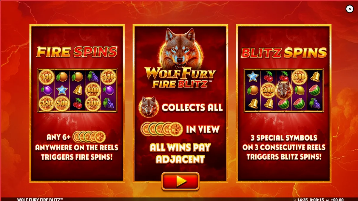 Tampilan visual slot Wolf Fury Fire Blitz dengan simbol buah dan serigala yang membara